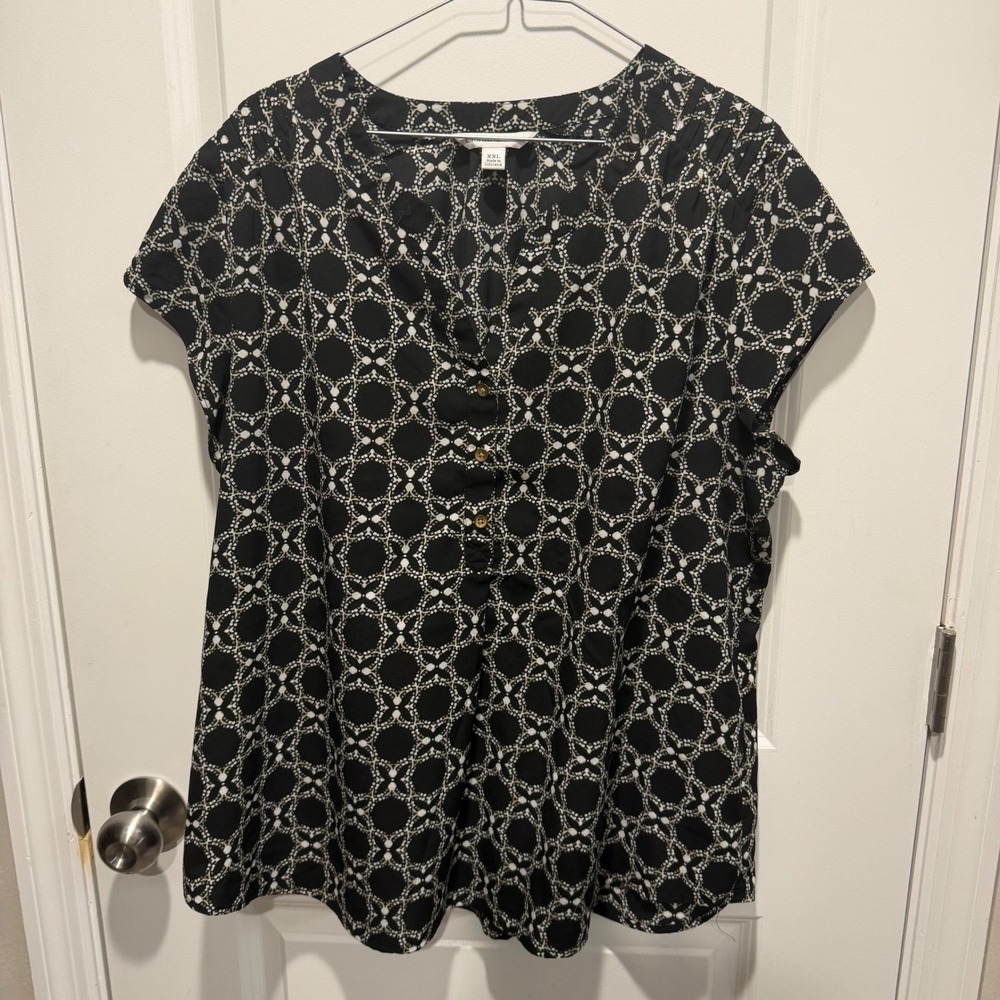 Croft & Barrow Womens Blouse Geometric Pleated Shoulder Black White XXL